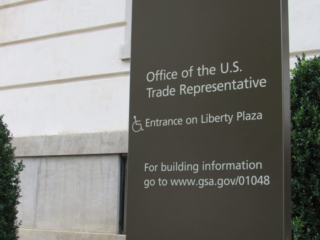 A close-up of the sign for the Office of the U.S. Trade Representative in Washington, DC.
