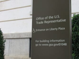 A close-up of the sign for the Office of the U.S. Trade Representative in Washington, DC.