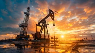 An oil rig and an oil pumpjack silhouetted against a dramatic orange sunset in an oil field in Russia.