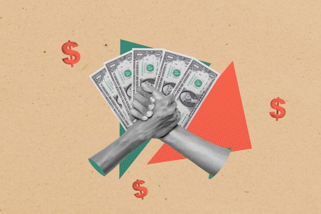 A graphic collage featuring two black and white hands shaking over five dollar bills, with geometric shapes and dollar signs on a beige background.