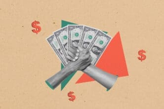 A graphic collage featuring two black and white hands shaking over five dollar bills, with geometric shapes and dollar signs on a beige background.