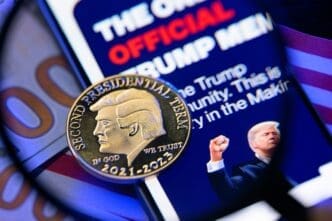 A photo illustration of a $Trump meme coin on a phone and dollar bill.