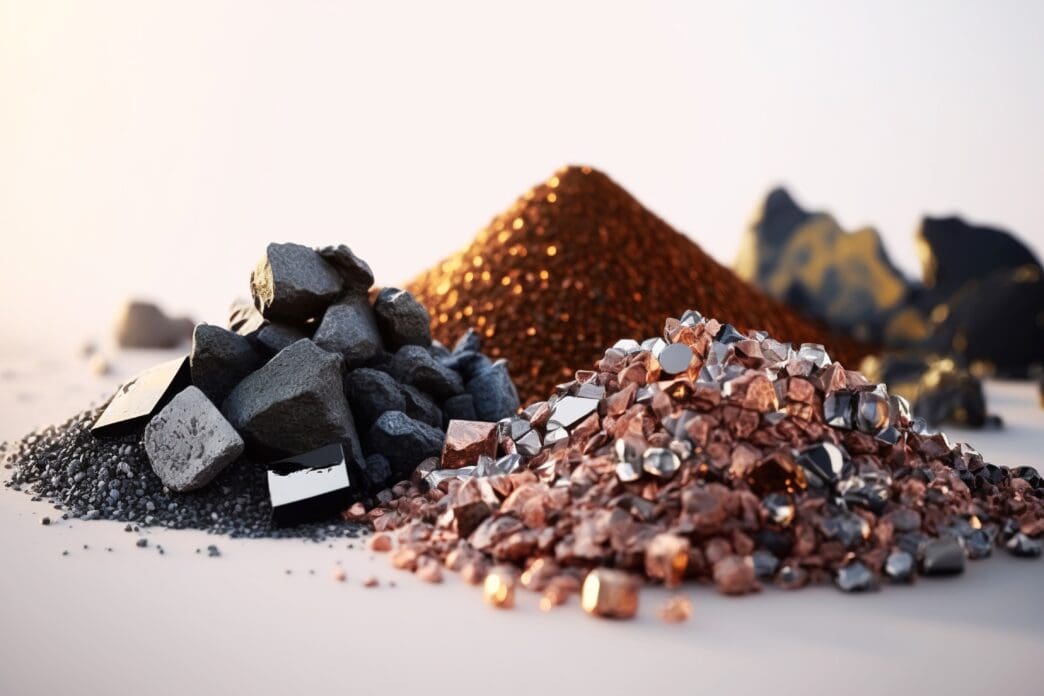 Three distinct piles of extracted minerals: dark gray rocks, shiny metallic pieces, and fine reddish-brown powder