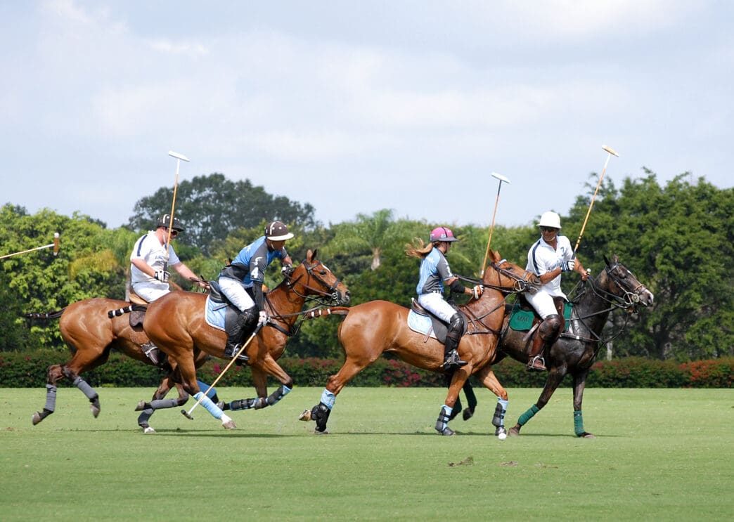 Four polo players on galloping horses chasing the ball across a vibrant green field during a fast-paced match.