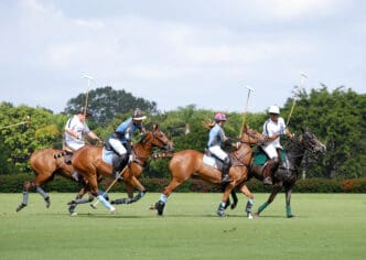 Four polo players on galloping horses chasing the ball across a vibrant green field during a fast-paced match.