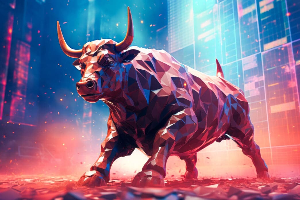 A stylized, polygonal red bull statue stands aggressively in a futuristic, abstract city environment with red and blue lights.