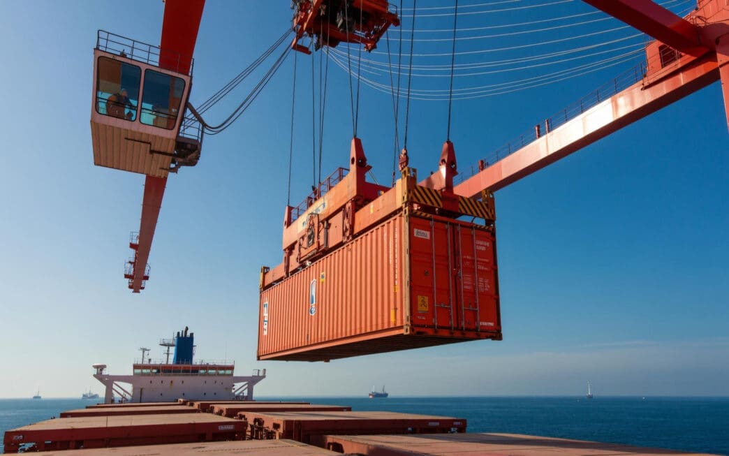 A large red gantry crane lifts an orange shipping container over a cargo ship under a clear blue sky.