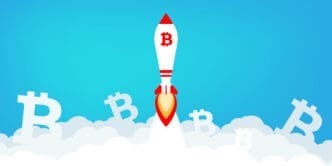 Bitcoin rocket launching through clouds against a blue sky