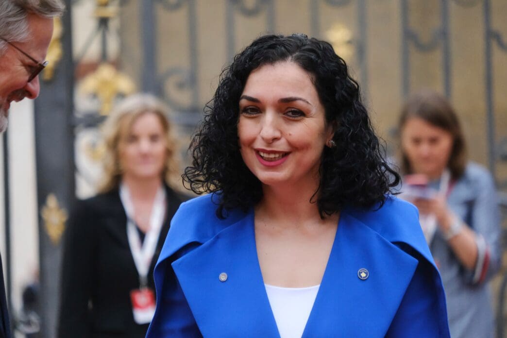 Vjosa Osmani, President of Kosovo, smiles while attending a meeting in Prague