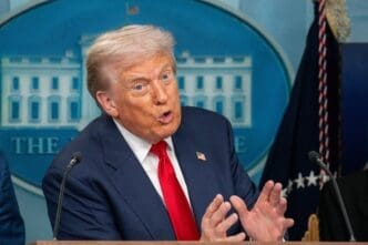 President Donald Trump speaks at a press briefing.