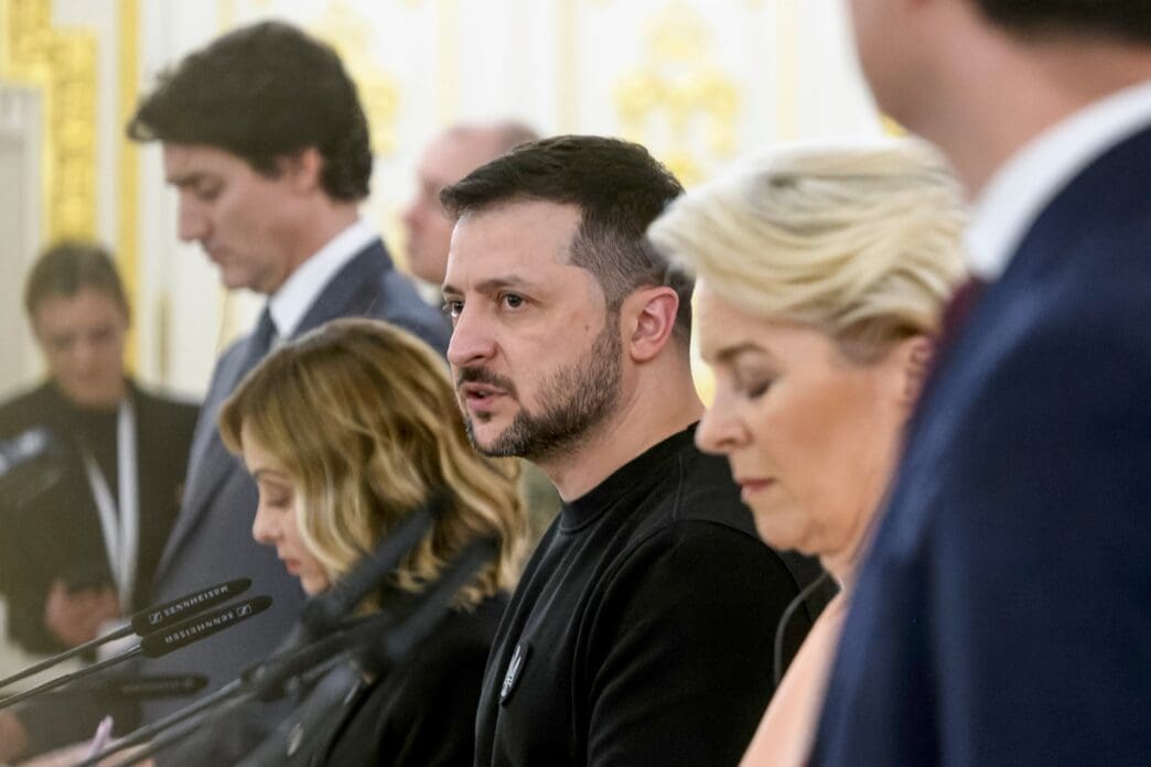 Ukrainian President Zelenskiy speaks alongside EU and Canadian leaders in Kyiv.