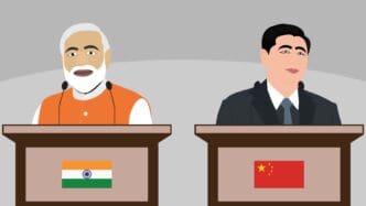 Digital illustration of Indian PM Narendra Modi and Chinese President Xi Jinping standing at podiums with their national flags.