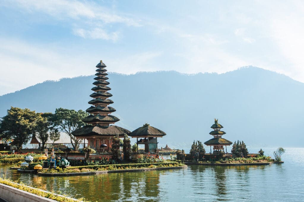Pura Ulun Danu Bratan temple with its multi-tiered meru tower on Lake Bratan in Bali, Indonesia.