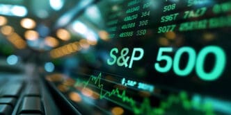 A close-up of a digital screen displaying the S&P 500 stock market index with a glowing green performance chart.