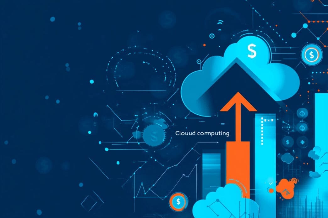 Digital illustration of an orange arrow rising into a blue cloud (Cloud computing) with a dollar sign, surrounded by abstract data.