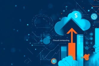 Digital illustration of an orange arrow rising into a blue cloud (Cloud computing) with a dollar sign, surrounded by abstract data.
