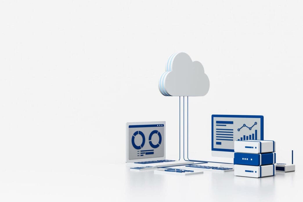 Stylized cloud connected to laptop, monitor, and servers, depicting SaaS