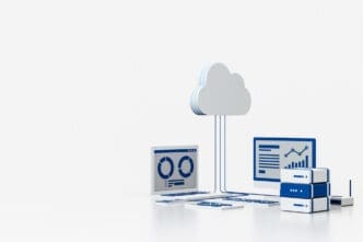 Stylized cloud connected to laptop, monitor, and servers, depicting SaaS