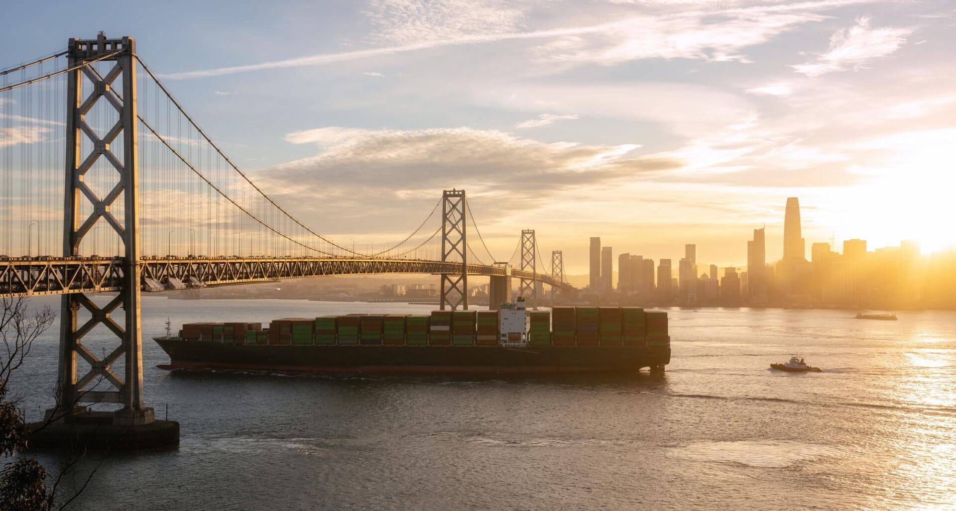 A container ship sails under the San Francisco-Oakland Bay Bridge at sunset