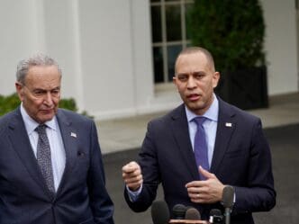 Schumer and Jeffries speak to the press in front of the White House after meeting with the President