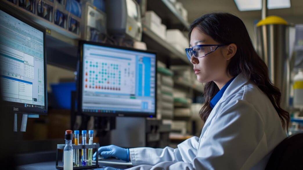 A female scientist in a lab coat and goggles works at a computer with scientific data displayed