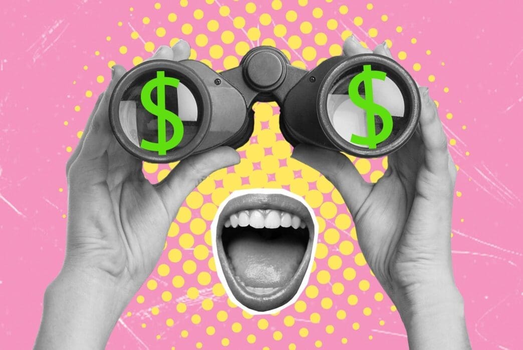 Pop-art style collage with black-and-white hands holding binoculars displaying dollar signs, set against a pink and yellow background.