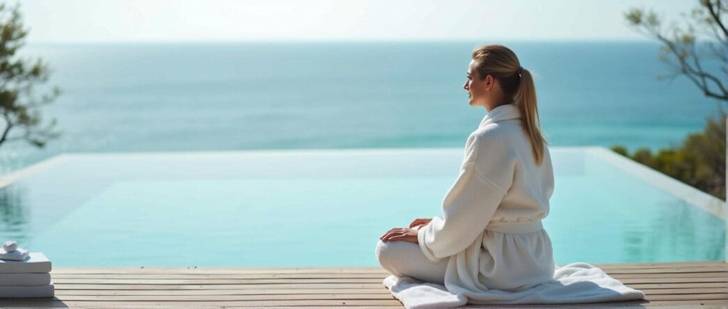 Woman in a white robe meditates by an infinity pool overlooking the ocean