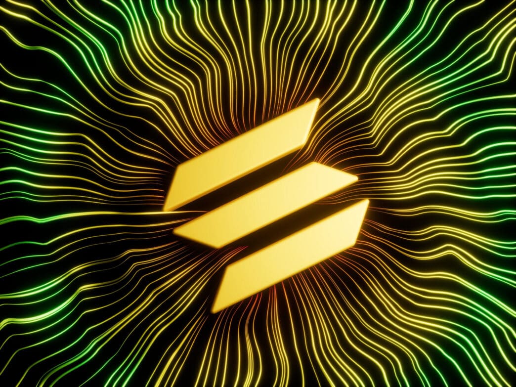3D golden Solana cryptocurrency logo centered on a black background with abstract, glowing yellow and green lines radiating outward.