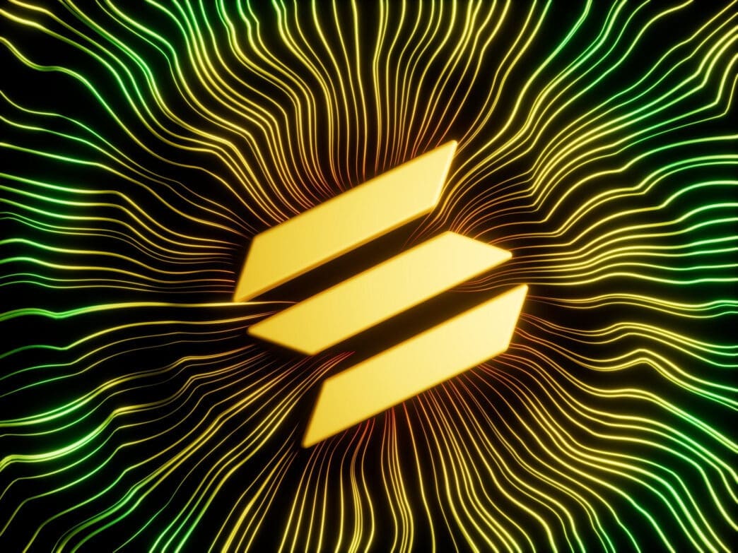 3D golden Solana cryptocurrency logo centered on a black background with abstract, glowing yellow and green lines radiating outward.