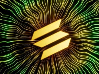 3D golden Solana cryptocurrency logo centered on a black background with abstract, glowing yellow and green lines radiating outward.