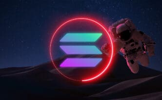 An astronaut floats in space near a neon-red ring enclosing the colorful Solana cryptocurrency logo against a dark, starry sky above a desert landscape.