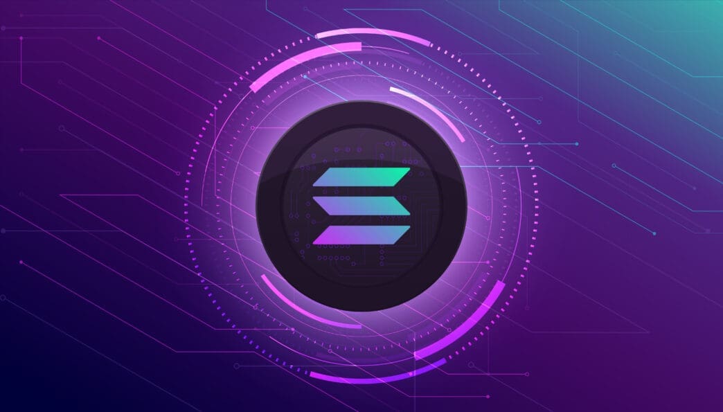 The Solana cryptocurrency logo at the center of a circular digital interface with glowing lines and a futuristic, purple and teal background.