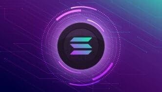 The Solana cryptocurrency logo at the center of a circular digital interface with glowing lines and a futuristic, purple and teal background.