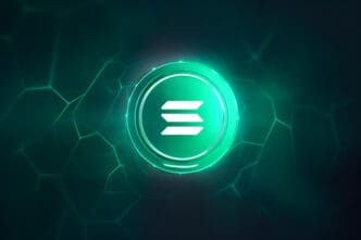 A glowing green Solana cryptocurrency (SOL) logo against a dark, futuristic network background.