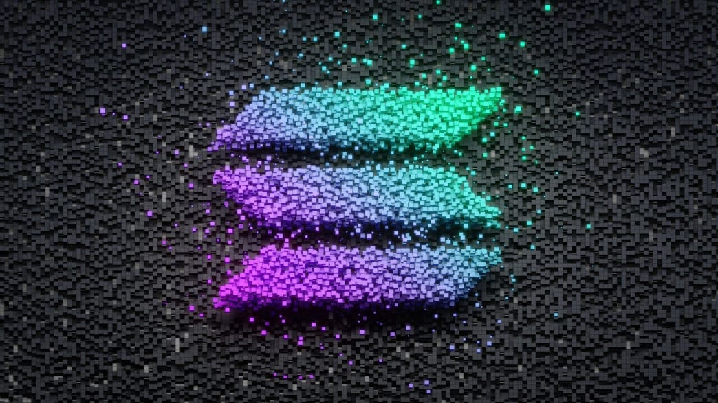 The Solana (SOL) logo is formed from glowing green and purple particles against a background of dark, textured cubes.
