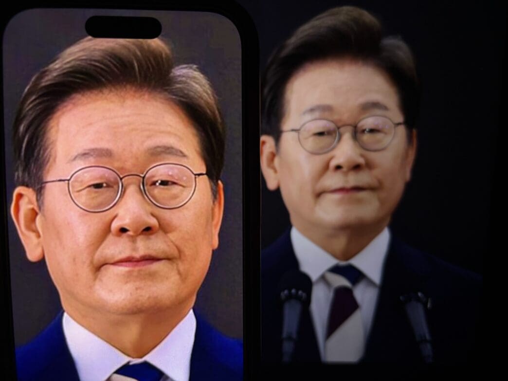Diptych showing two close-up portraits of South Korean President Lee Jae-myung, one on a smartphone screen.