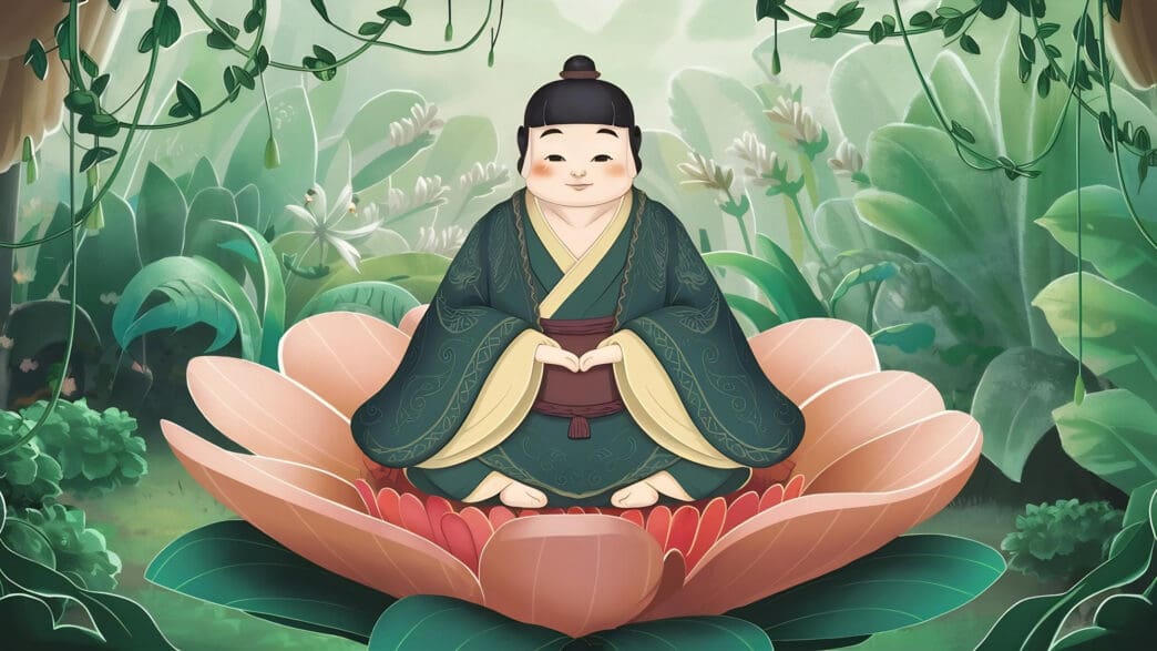 An illustration of a serene figure in robes sitting on a lotus, representing the 'Ming' concept.