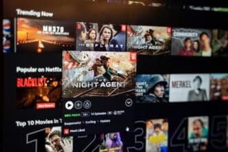 A screen displaying the Netflix interface with a magnified poster and details for the action-thriller series "The Night Agent"