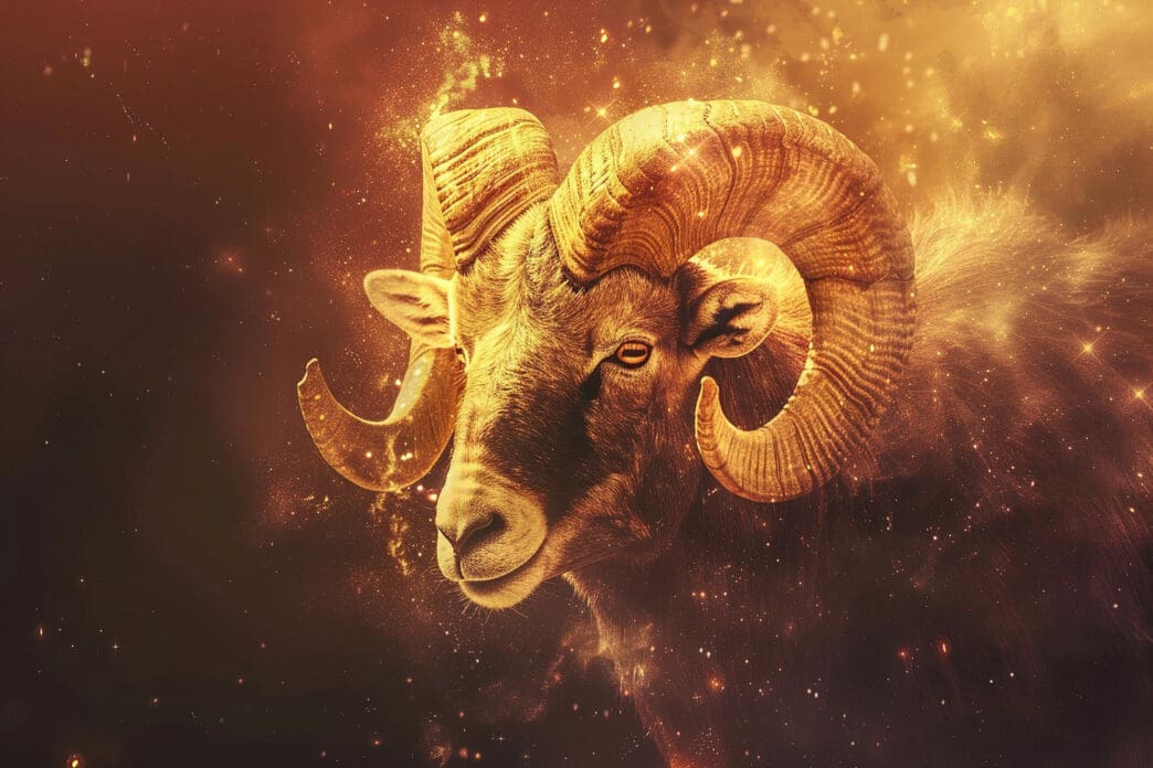 A majestic ram with golden horns and glowing particles, representing Aries