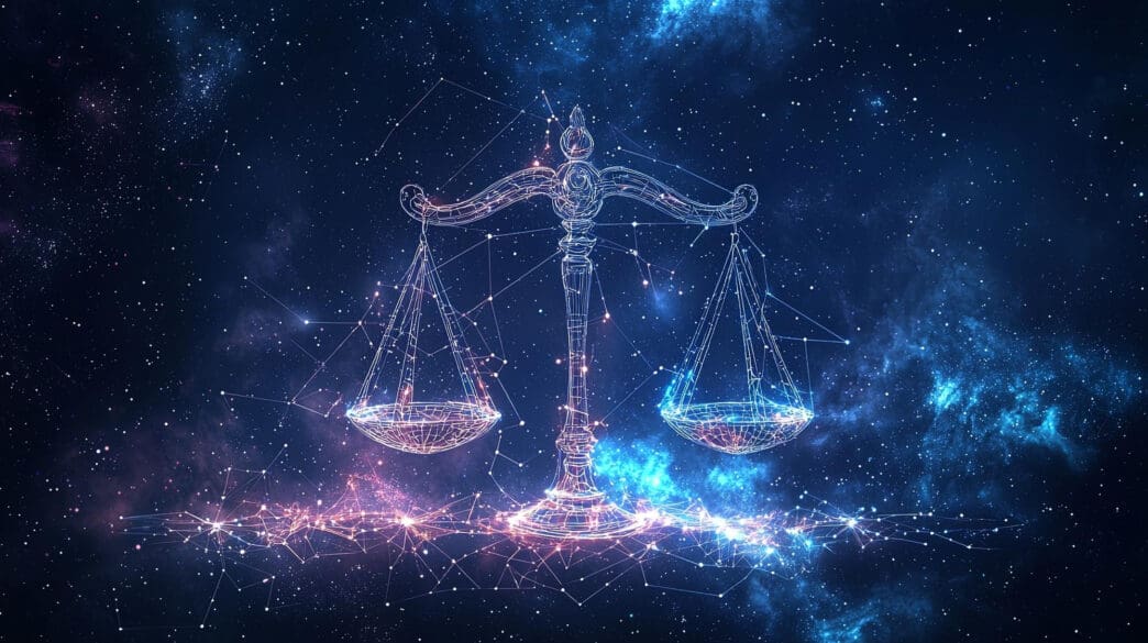 Stylized Libra scales glowing against a starry, nebulous background