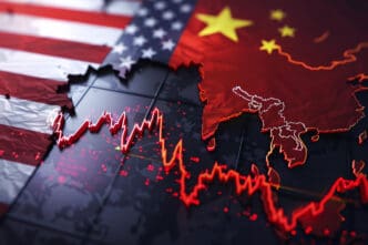 A graphic showing the US and China flags and maps overlaid by a volatile red financial line graph representing trade and stock market tension.