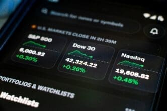 A smartphone screen shows a stock app with S&P 500, Dow 30, and Nasdaq indices all showing gains.