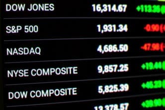 A digital stock market ticker showing US indices on September 25, 2015.