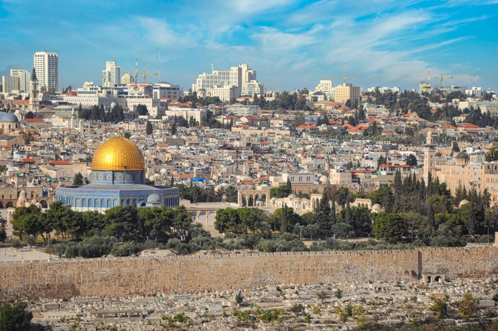 A panoramic view of Jerusalem from the Mount of Olives, showing the Dome of the Rock.