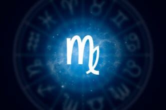The zodiac symbol for Virgo is displayed prominently against a backdrop of a celestial nebula
