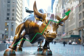 The Wall Street Charging Bull statue with a green stock market chart arrow pointing up, symbolizing a bull market.