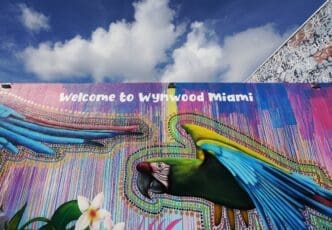 A vibrant mural in Miami that reads "Welcome to Wynwood Miami" above a detailed painting of a green and blue parrot.