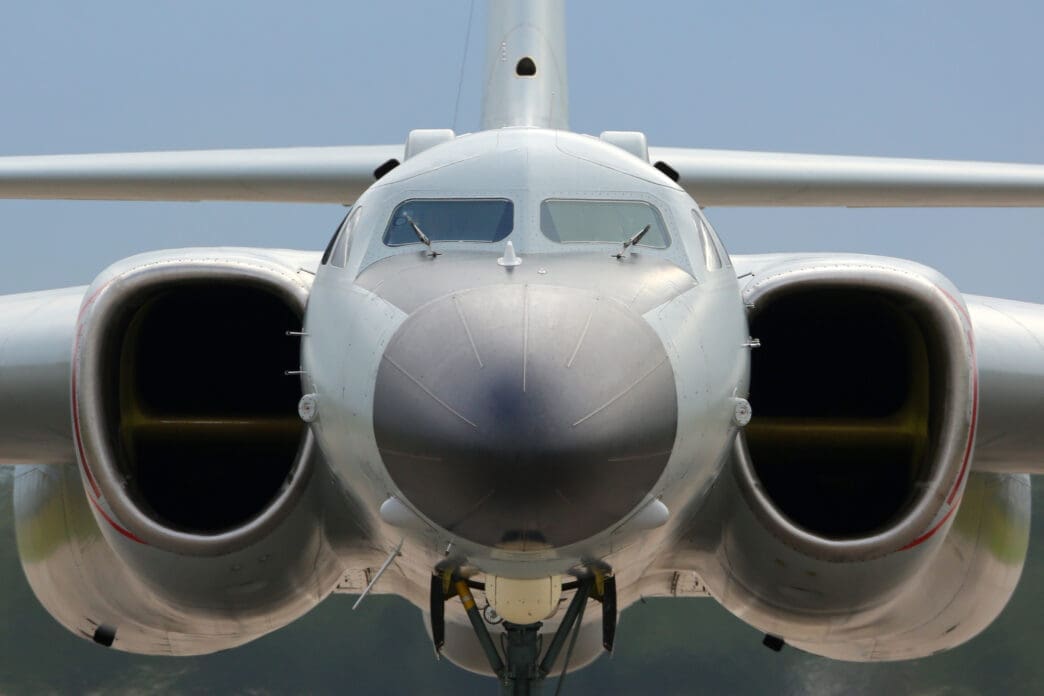 A close-up front view of the Xian H-6K bomber, showing its cockpit and large engine intakes.