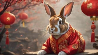 A realistic brown and white rabbit wearing a traditional red and gold Chinese jacket sits outdoors surrounded by cherry blossoms and red lanterns.