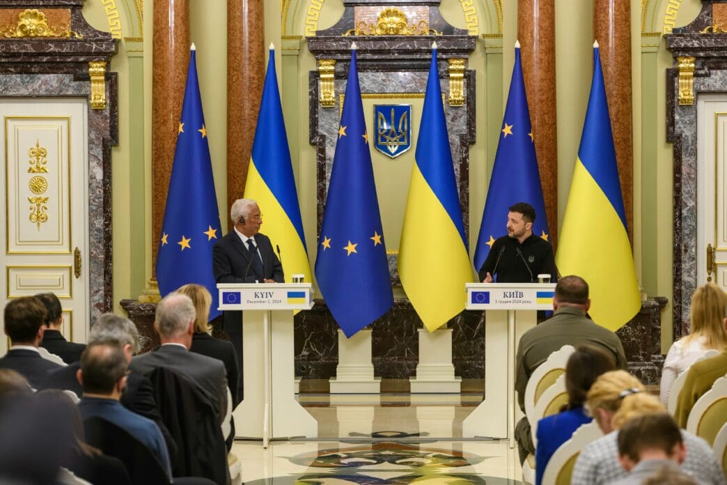 Ukrainian President Volodymyr Zelenskyy and European Council President Antonio Costa hold a joint press conference in Kyiv, Ukraine.